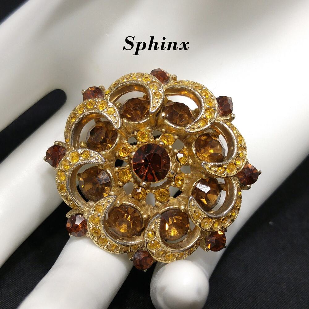 Mid-century SPHINX Light Dark Topaz Rhinestone Brooch, 1950s Vintage Jewelry